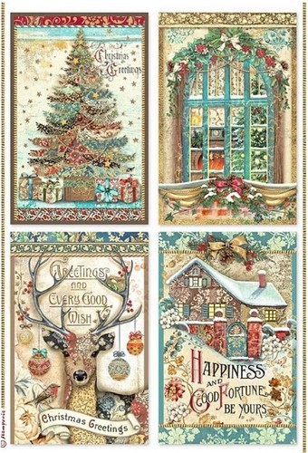 Stamperia Rice Papier Christmas Greetings 4 Cards A4 1 Bogen