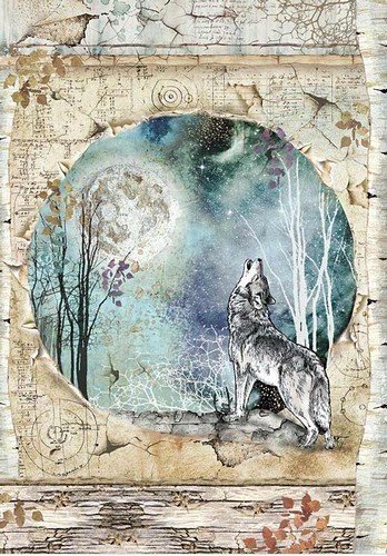 Stamperia Rice Papier Cosmos Wolf and Moon A4 1 Bogen