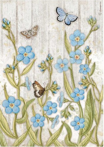 Stamperia Rice Papier Romantic Garden House Blue Flowers and Butterfly A4 1 Bogen
