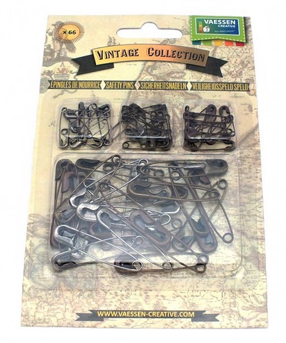 Sicherheitsnadel-Set Vintage Pins 66 Stk schwarz-, antik- und kupferfarben
